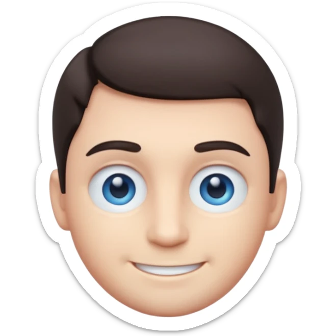 Cute 3D emoji of a smiling man with short dark hair and blue eyes, round face, simplified features, oversized glossy eyes, soft gradient shading, pastel tones, clean vector style, smooth edges, minimal background, transparent PNG, sticker icon sticker