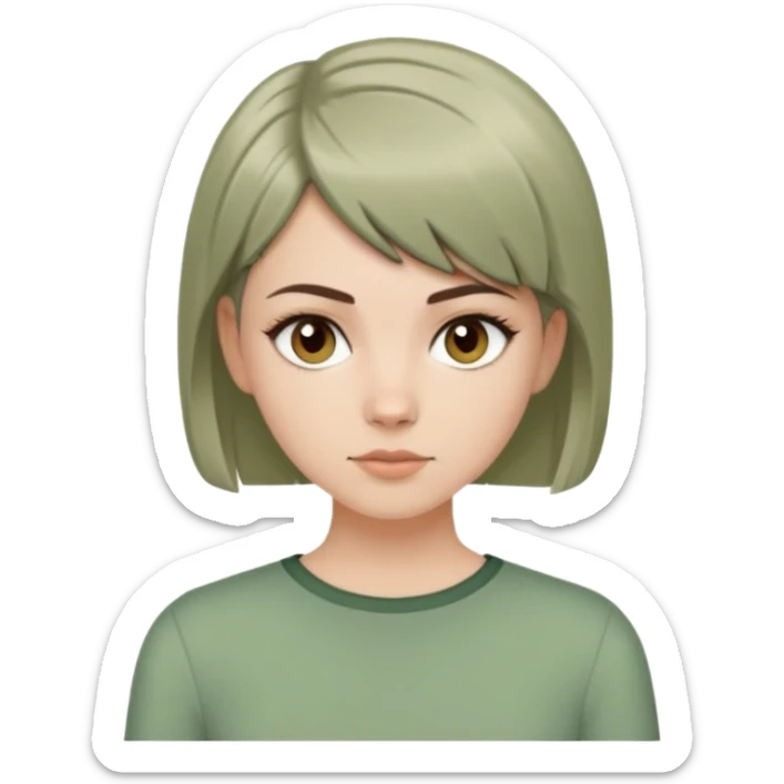 White girl with short wolfcut hairstyle, brown eyes, straight hair, wearing a sage green top sticker