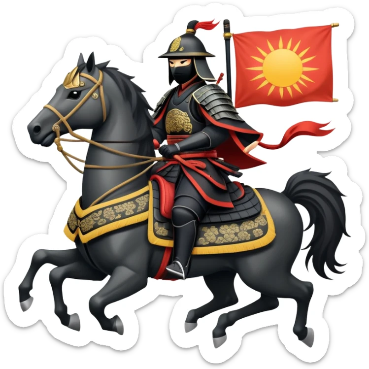 clash-of-clans-aesthetic_-cinematic-fearsome-and-majestic-samurai-bust-portrait-emoji, rendered in a flat, vector-style with minimal shading and bold, simplified shapes typical of emoji art, depicting a battle-hardened samurai with black mask and traditional black Japanese armor. The samurai is riding a noble grey warhorse adorned with an intricately designed saddle and fluttering banners and a rising sun. a samurai riding on a  horse sticker
