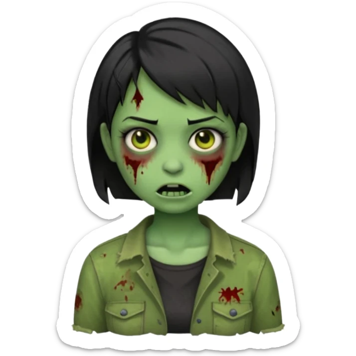 Emoji zombie girl verde com cabelo preto curto com uma expressão normal sticker