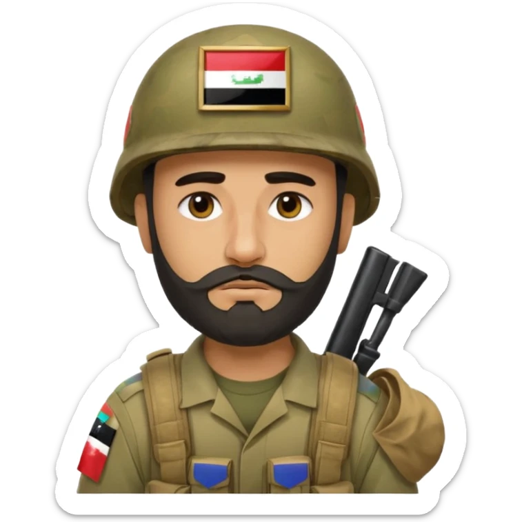 A very tired and sad, swarthy Iraqi soldier with a beard, an Iraqi flag on his helmet, a sad expression and bags under his eyes sticker