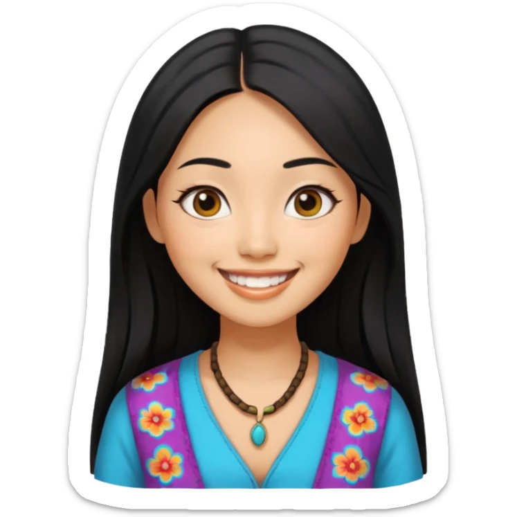 30 yr old asian woman hair trendy clothes center part big eyes big smile tanned skin straight black hair hippie part hair  sticker