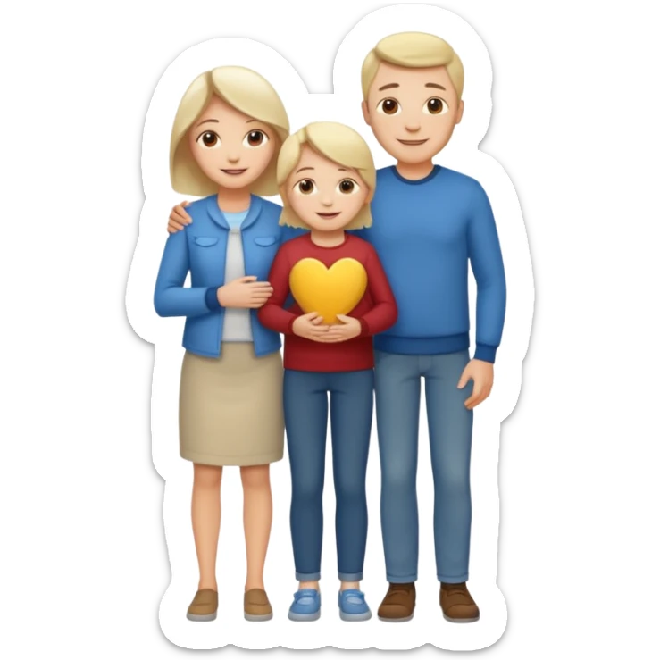 white family emoji: mother and father standing on each side of their child in the center, all smiling, warm expression, casual modern clothes sticker