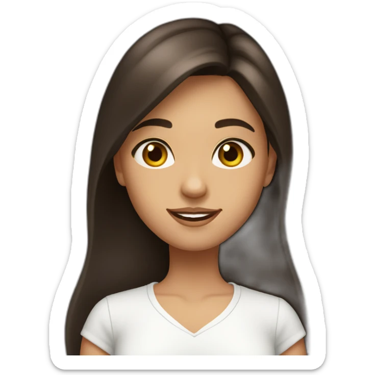 A girl with long dark brown hair, wearing a white shir, with brown eyes and slightly tanned sticker