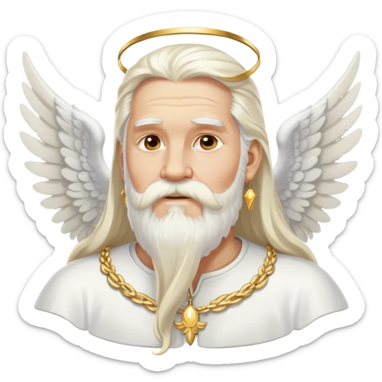 God, man with long white hair, beard and white mustache, white angel wings on his back, gold earrings hanging from ears sticker
