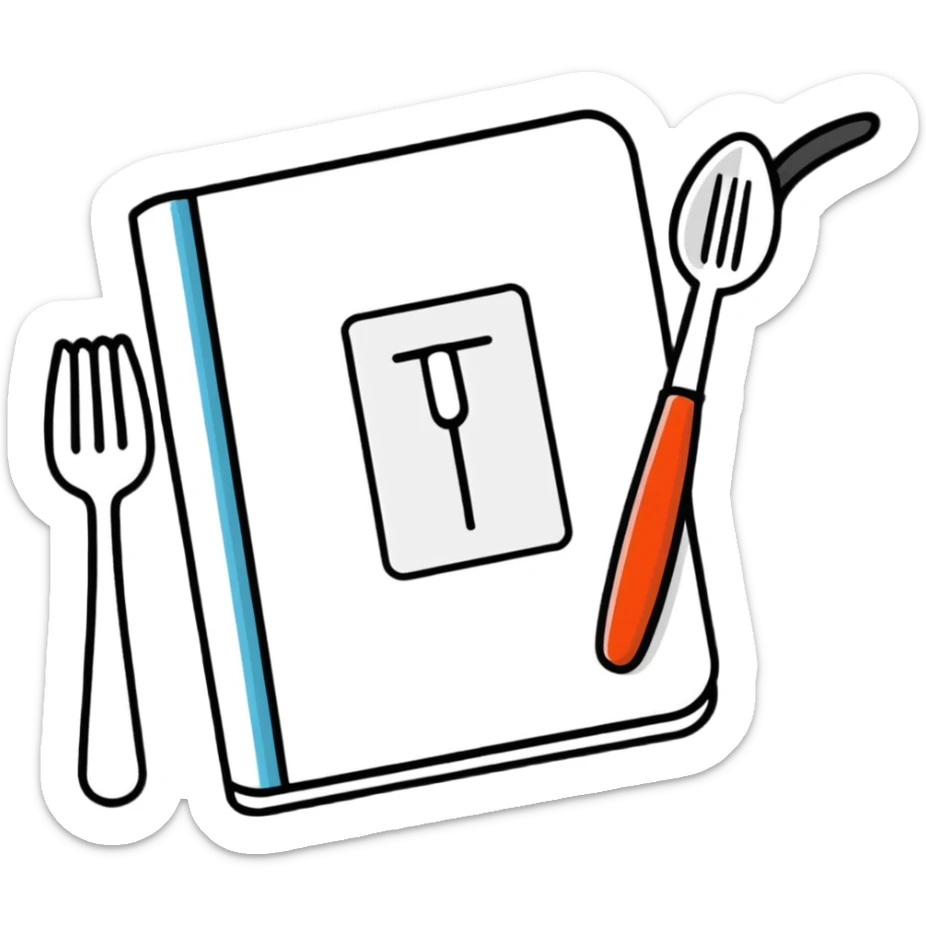 Closed cookbook with a fork and spoon symbol on the cover – collection of recipes sticker