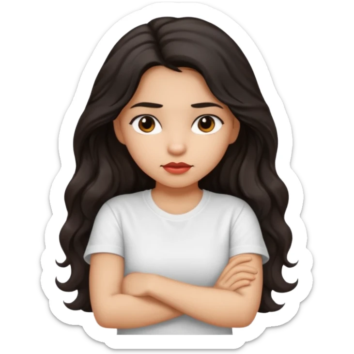 Hispanic girl dark long wavy hair crossing her arms with slight pout sticker
