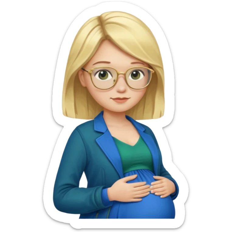 pregnant blonde 18-year old with golden glasses in a bright blue dress and a dark green jacket on top of the blue dress sticker