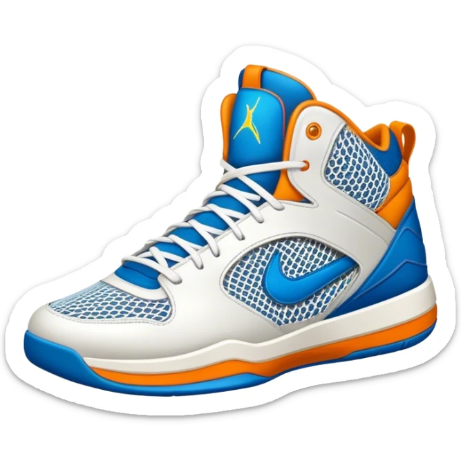 Cinematic Realistic image of a pair of basketball sneakers featuring detailed mesh and leather textures, vibrant color accents and dynamic design lines, illuminated by bold, high-energy arena lighting sticker