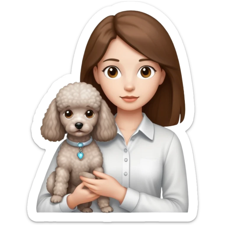 A girl with long straight hair and a white shirt is holding a small light gray poodle sticker