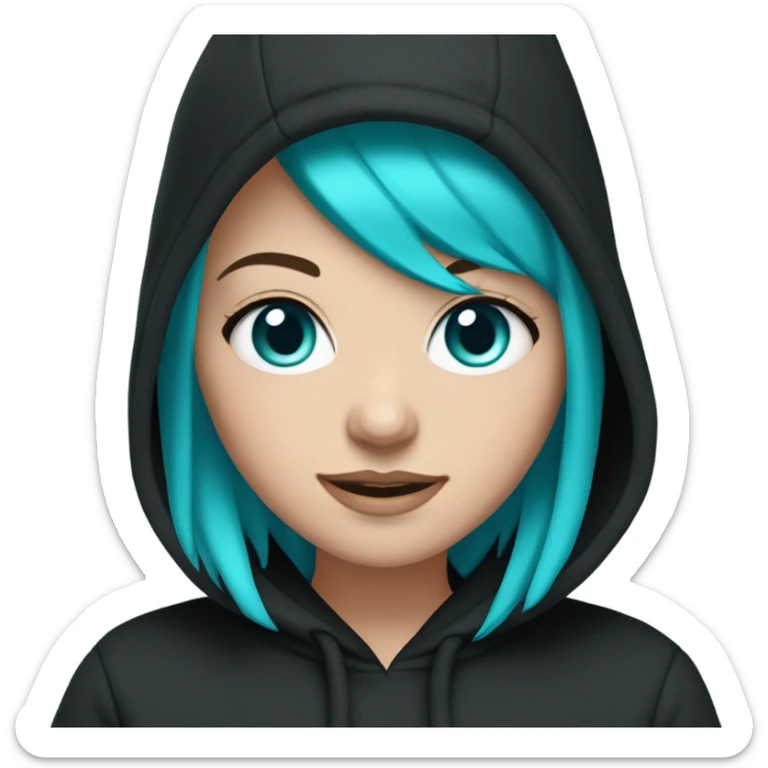 White girl, black hoodie, teal purple hair, black beanie hat, blue eyes sticker