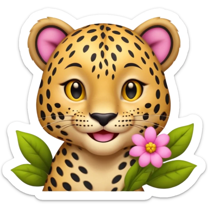A leopard with big smile. A pink flower with a yellow center is tucked behind its right ear
 sticker