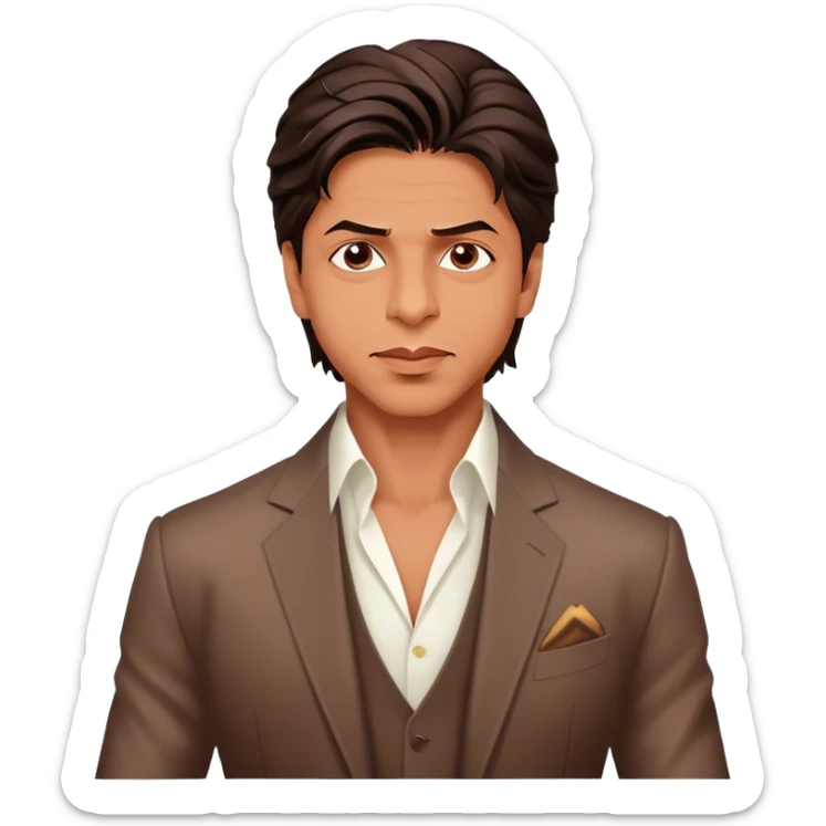 Cinematic Realistic portrait of Shah Rukh Khan, portrayed as a charismatic film star with expressive features and stylish contemporary attire, rendered in rich, dynamic lighting that captures his magnetic presence sticker