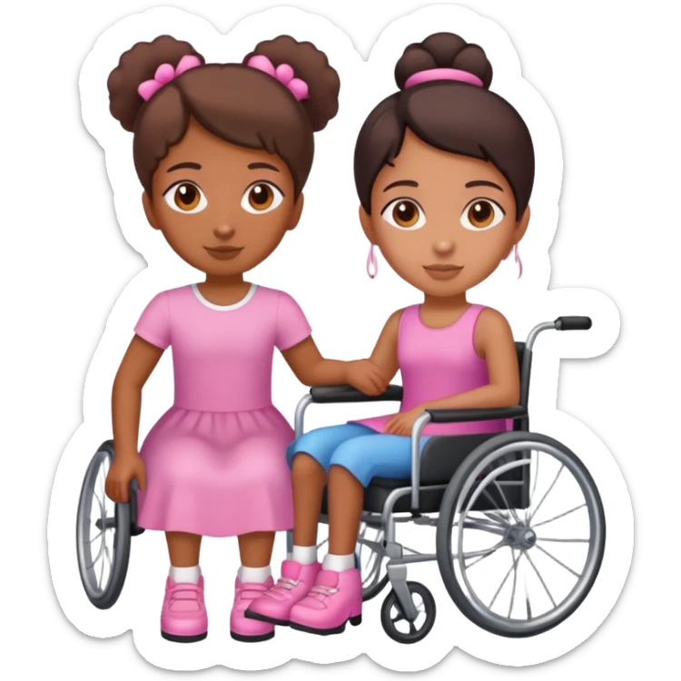 One tan skin sister standing behind her brown skin sister in a pink wheelchair sticker