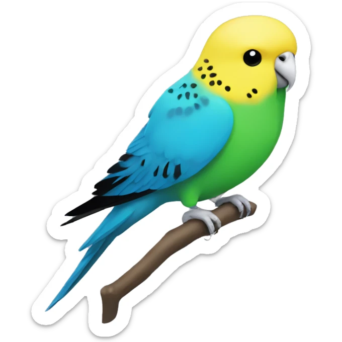 budgie with a green and black body and a yellow head with at blue nose sticker