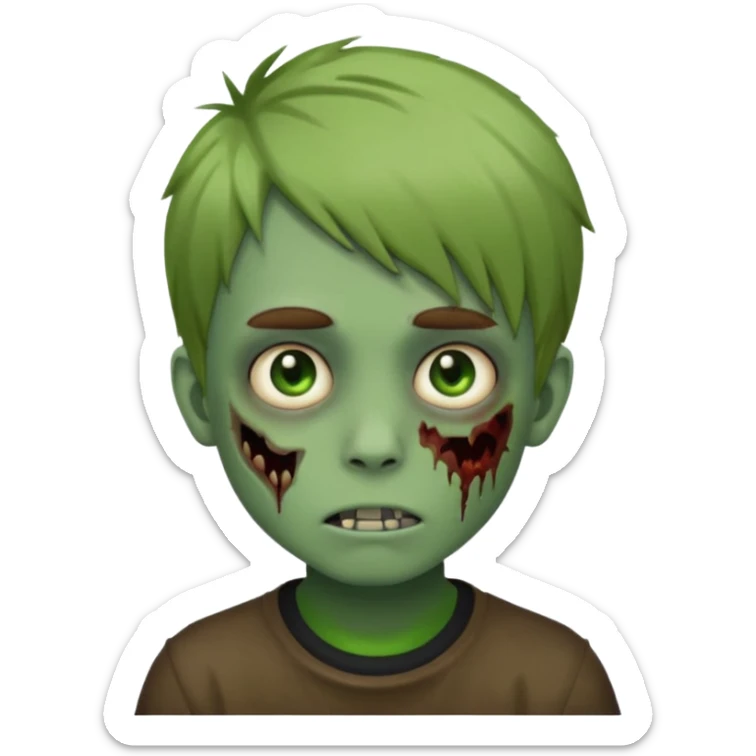 boy zombie with light brown emo hair and green skin and earpods emoji sticker
