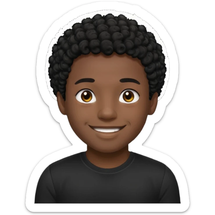 Generate a emoji of a black boy with dark skin, wearing a black compressed T-shirt, with short and very curly black hair sticker