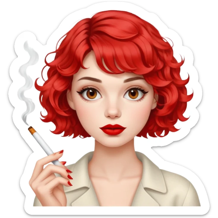 Alluring French girl french wavy textured bob haircut tousled hair red lips and cigarette sticker