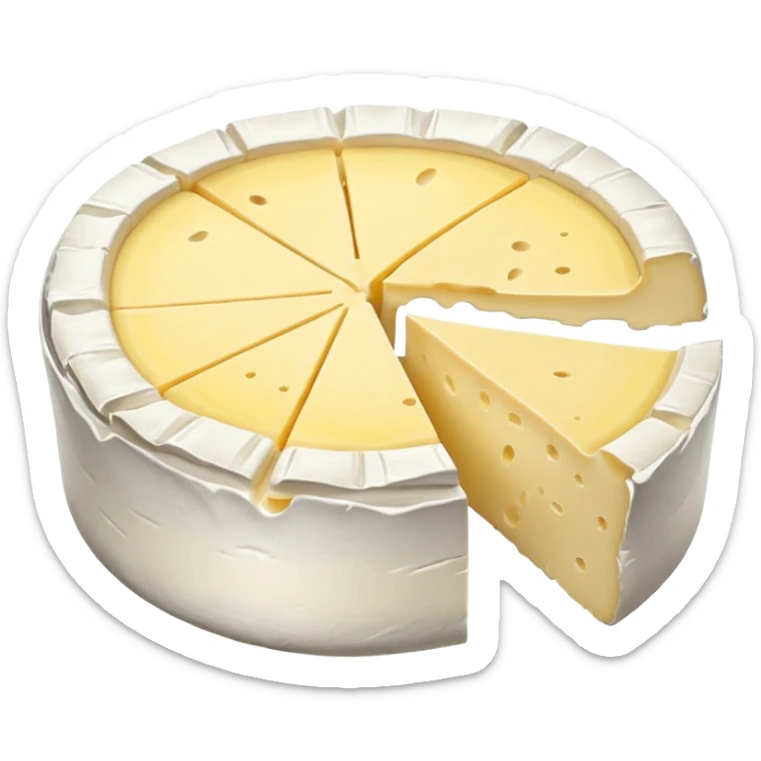 camembert cheese small round wheel, white bloomy rind, creamy pale yellow interior, one wedge removed showing soft oozing center, smooth rich texture, wrinkled rind, no board or extras, soft lighting, subtle shadows, emoji scale sticker