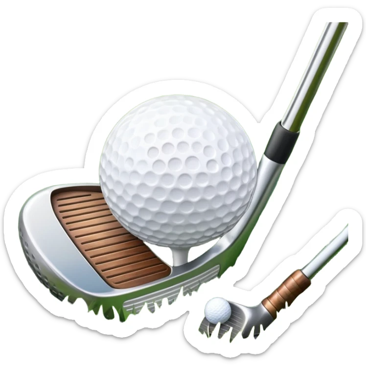 A golf ball positioned next to a golf club on a well-manicured green, with the lush grass of the golf course in the background. The setting captures the peaceful yet competitive atmosphere of the sport, focusing on the precision and skill required for the perfect shot sticker