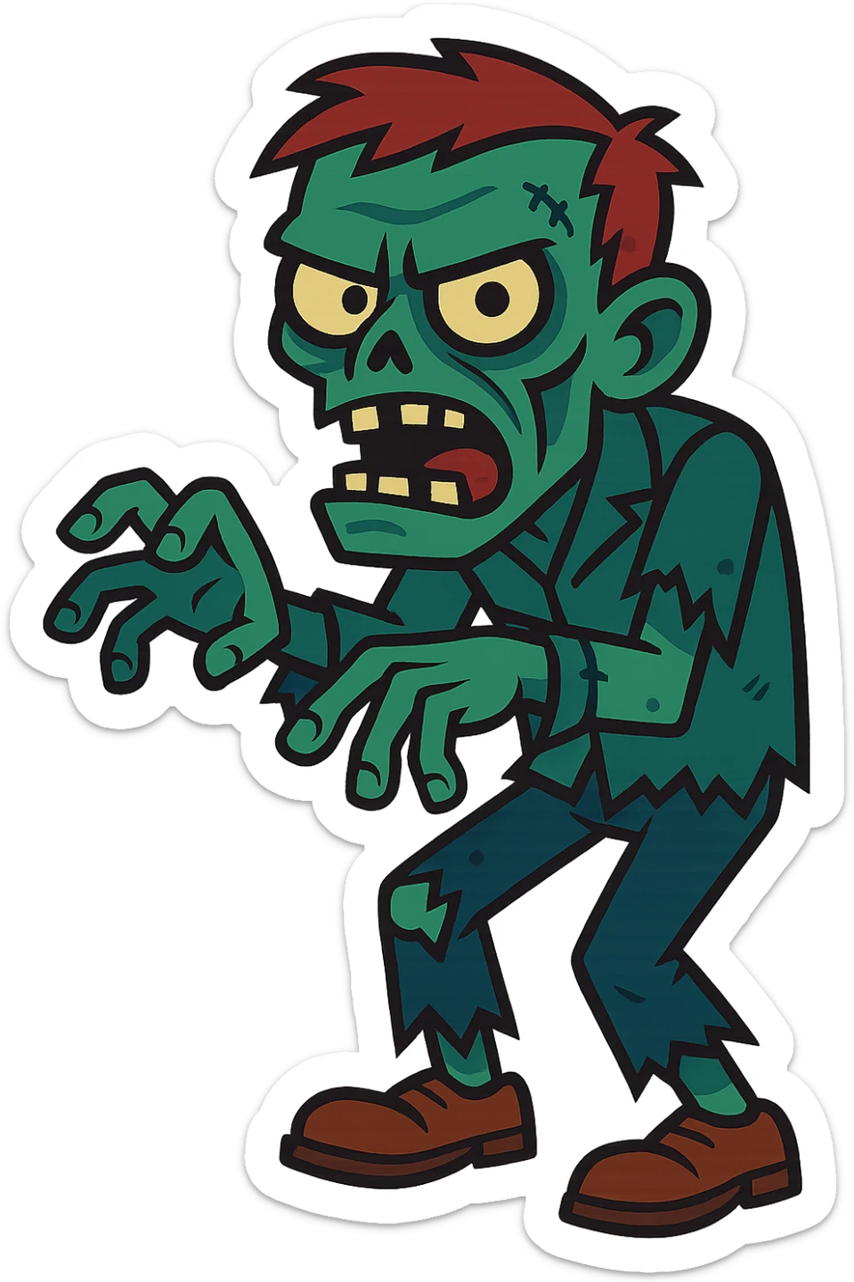 homem zumbi, estilo cartoon assustador, pele esverdeada, olhos fundos, roupas rasgadas, expressão ameaçadora sticker