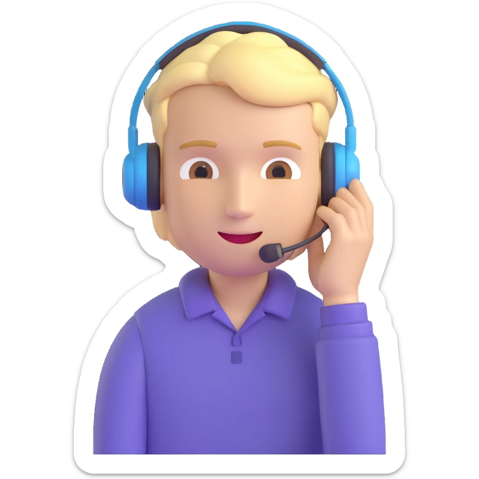 male junior sales professional, pale skin, blond hair, nice clothing, wearing a headset, emoji style sticker