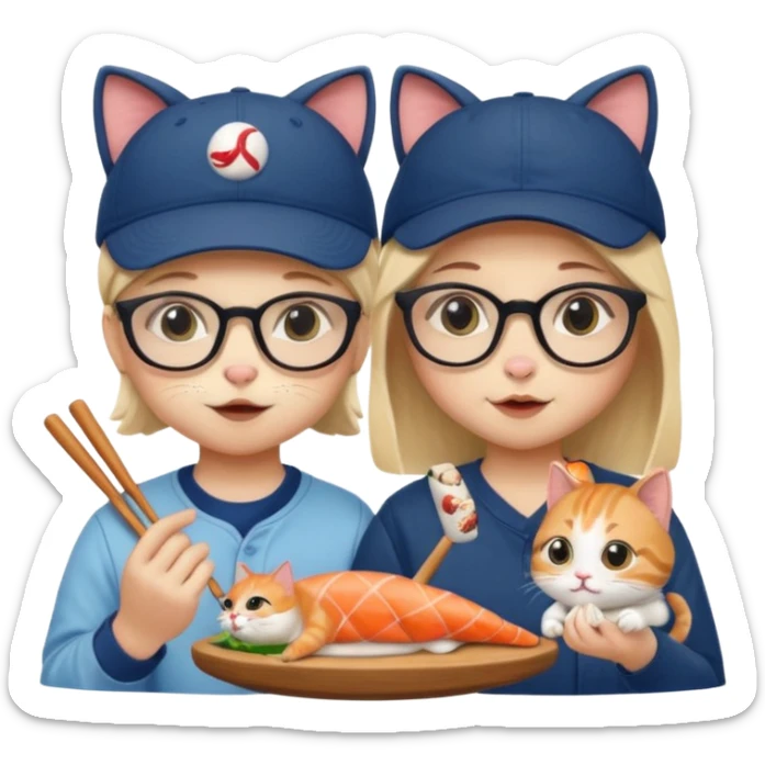 cute girl cat wearing glasses and a cute boy cat wearing a baseball cap eating sushi together sticker