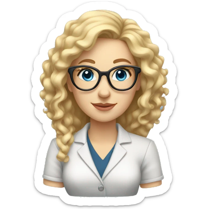 Woman teacher blonde long curly hair glasses blue eyes holding a tiny bridge structure sticker
