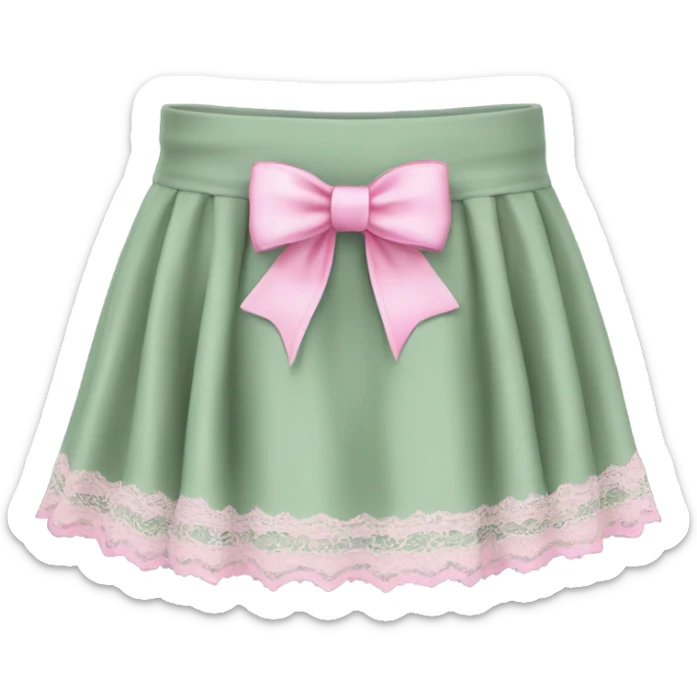 Sage green a-line mini skirt with pink lace and bows, isolated sticker