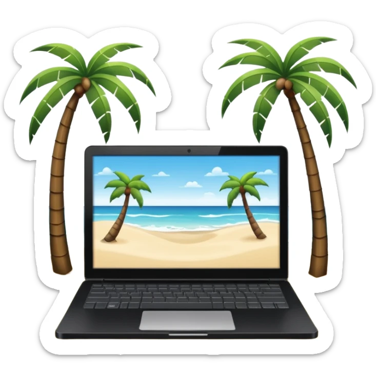 An open laptop on the beach. bildschirm ist schwarz und im hintergrund sind palmen, meer sticker