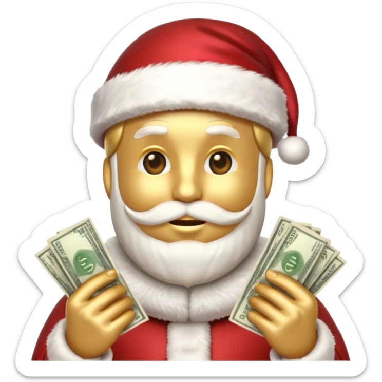 A confident rich emoji face wearing a Santa hat, money stacks, casino vibe, New Year theme, premium 3D emoji style, sharp details, no text, isolated on transparent background sticker