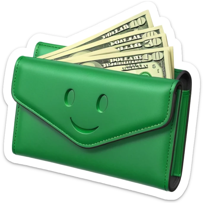 Rich emoji style greenleather wallet with dollar bills, luxury money vibe, premium 3D emoji, ultra clean, high detail, no background sticker