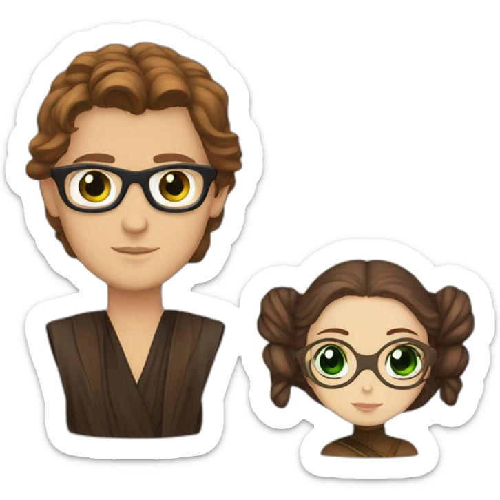 anakin with glasses and padme with green eyes, long brown hair sticker