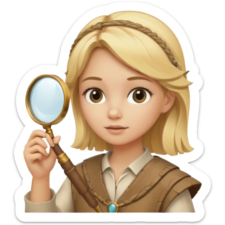 blonde haired girl in archaeological outfit, holding magnifying glass sticker