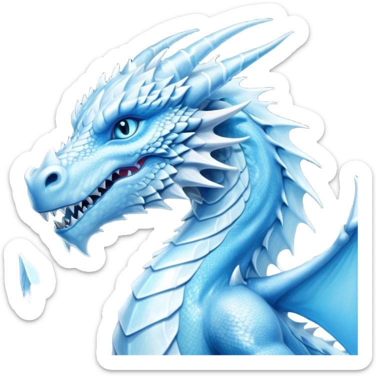 Cinematic Noble wise elegant Ice Dragon Portrait Emoji, Poised and imposing, distinct long elegant snout, with a slender, scaled body shimmering in glacial hues of icy blue, frostbitten silver, and crystalline white, breathing out frost, with piercing, glowing ice blue white eyes that radiate the chilling depths of an arctic storm; rendered in detail. excuding wisdom sticker