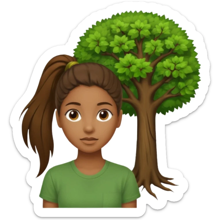 Make a zumba coach emoji, brown eyes, brown hair girl, green shirt withe "the roots" on it, longer pony tail hair, add the tree logo for the roots remove tree from background sticker