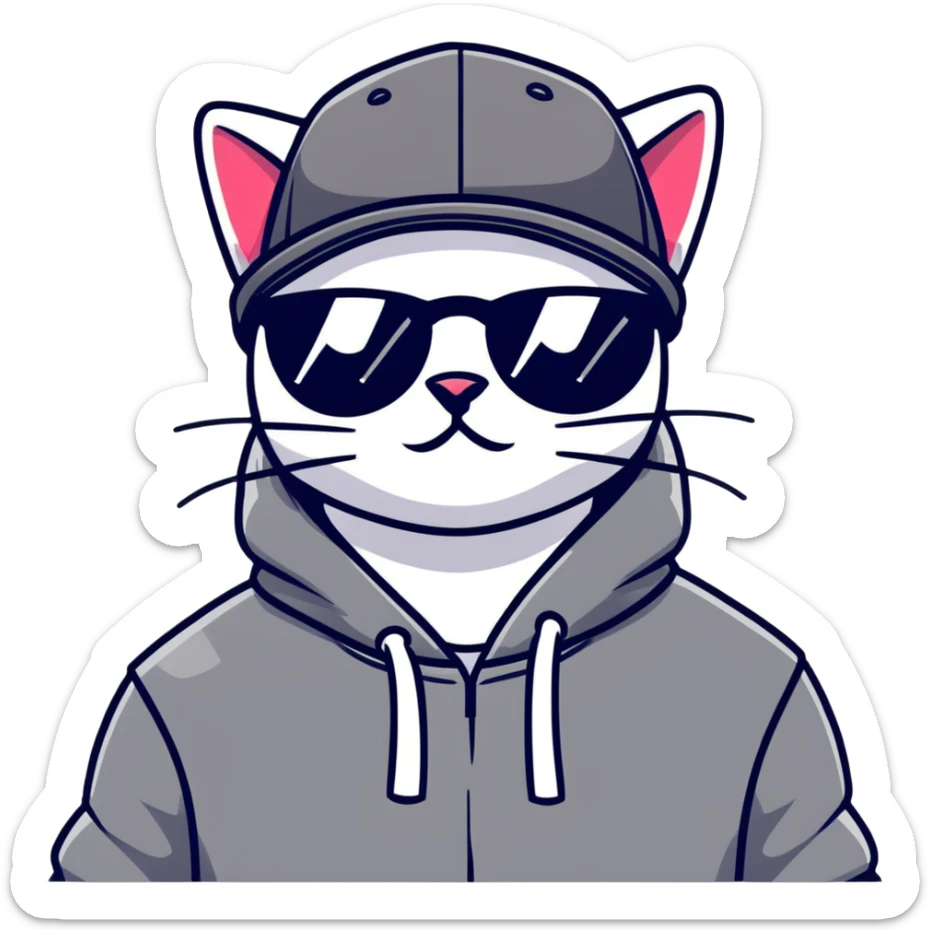 cat wearing a black snapback cap and black hoodie, with black sunglasses positioned low on his nose, winking one eye while looking directly at the viewer over the top of his sunglasses with a mischievous expression, doing graffiti with spray paint sticker