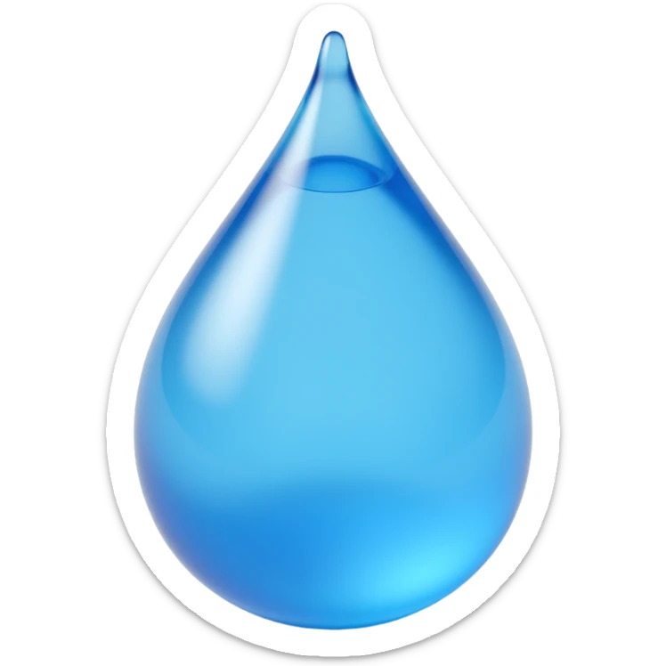 blue water droplet, highly realistic, skeuomorphism icon style, with reflections and shadow sticker