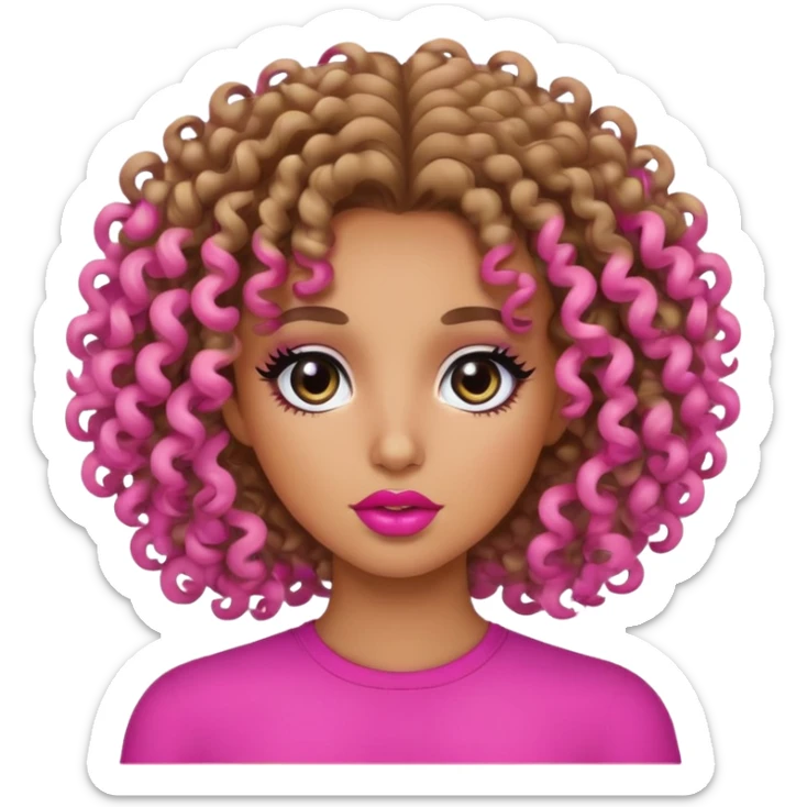 Tan girl with curly hair and black eye color and pink lips  sticker