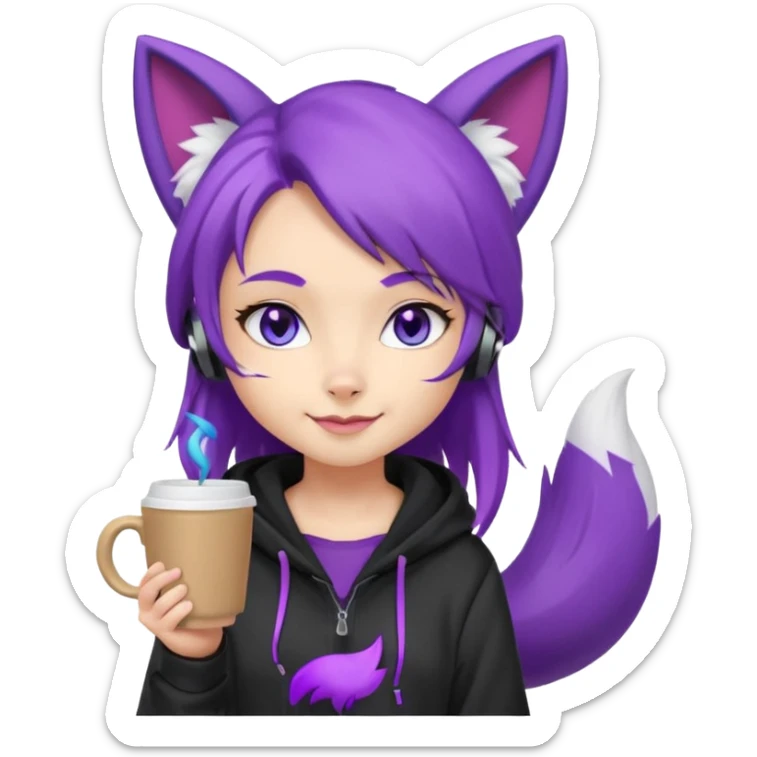 chibi fox girl with purple hair , purple fox ears, purple fox tail, black hoodie, blue eyes with head phones around her neck and white shorts, generate her looking smug holding a large coffee cup sticker