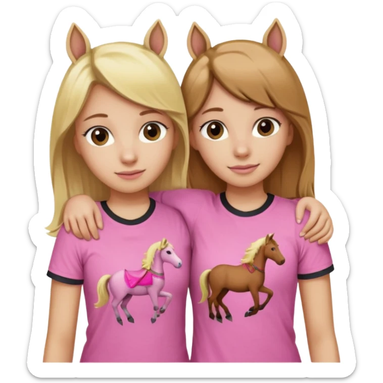 Two Girls with their arms around each other at summer camp one blonde one brown hair brown hair wearing pink horse shirt sticker