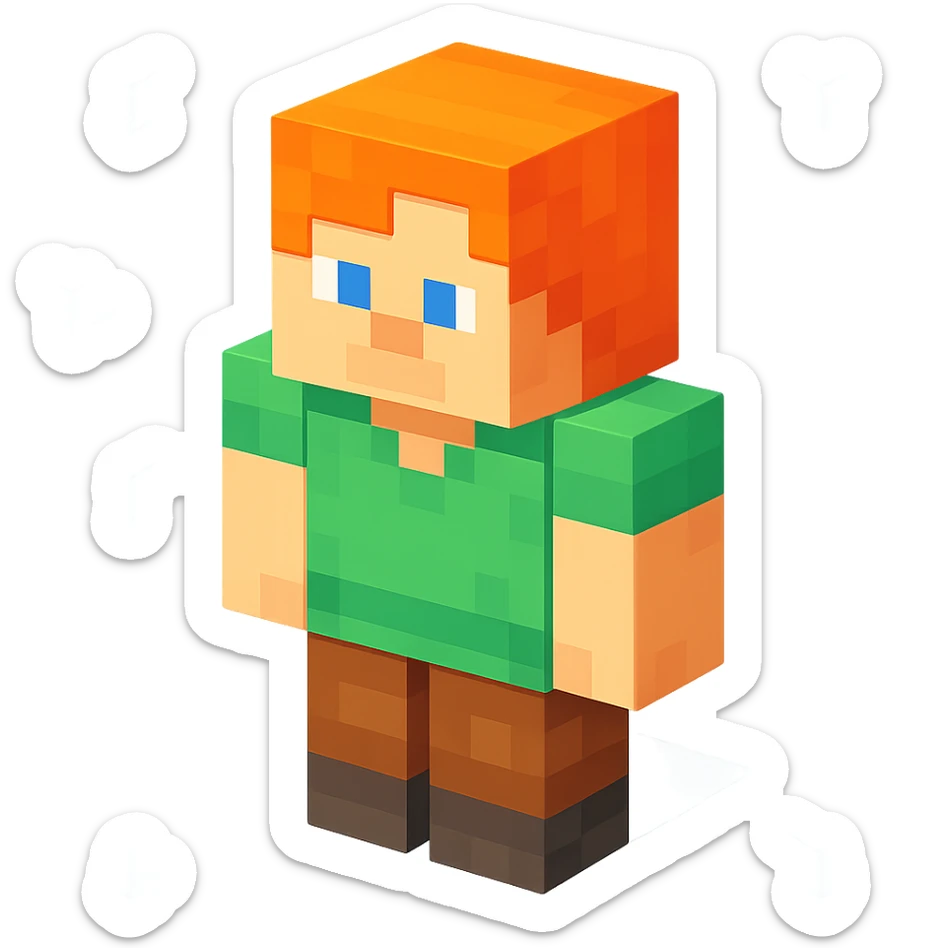 Alex from Minecraft, 3D blocky voxel style, orange hair, green shirt, brown pants, facing forward, classic Minecraft look sticker
