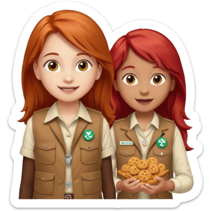 happy white girl scout with red long hair selling cookies with a brown Girl Scout vest and white shirt under vest. She should be around 10 years old sticker