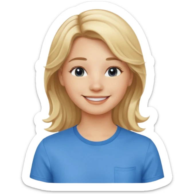 Happy blond girl with light weavy hair with a blue shirt but we can see only her face and neck and the top of the t shirt, no whole body sticker