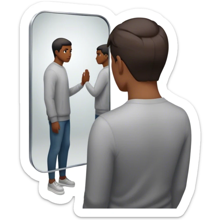 A person looks into a mirror, but instead of their own face, they see a larger figure watching them—distant, imposing, and unreadable. As they step back, the reflection fades, revealing only themselves. They turn away, realizing the power was never in the reflection but in walking away. sticker