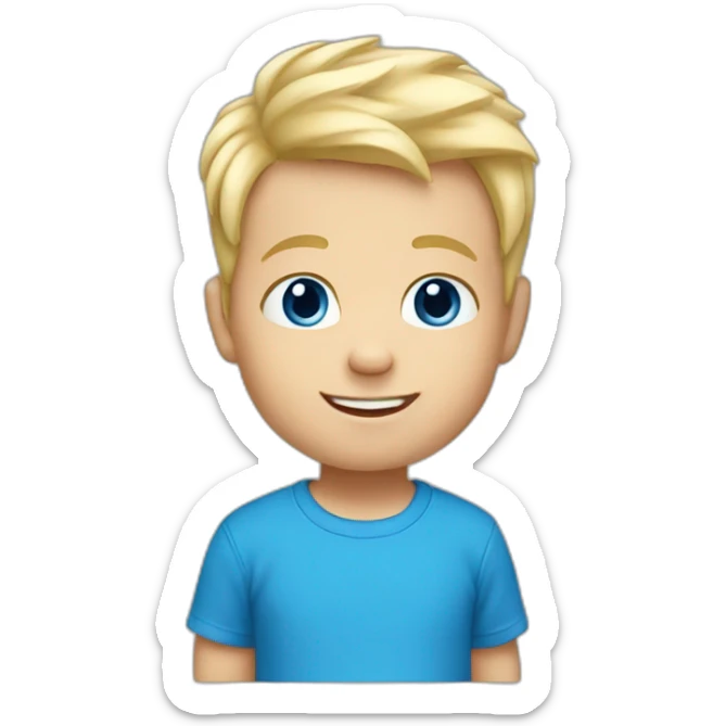 A baby boy with blonde hair, blue eyes and a blue t-shirt and with teeth sticker