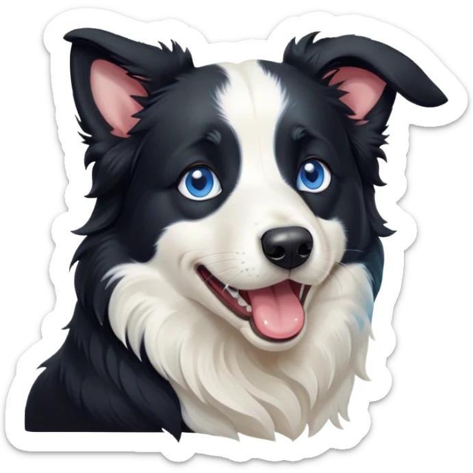 Cinematic Cute Yawning Black and White Border Collie Portrait Emoji, Head tilted slightly with a dramatic, wide-open yawn, showcasing a smooth black and white coat, floppy ears slightly drooping, round blue eyes barely open in drowsy contentment, Simplified yet irresistibly adorable features, highly detailed, glowing with a soft, cozy glow, high shine, relaxed yet alert, stylized with a touch of whimsy, bright and endearing, soft glowing outline, capturing the essence of a sleepy yet spirited herder, so drowsy it feels like it could stretch right out of the screen and curl up for a nap! sticker