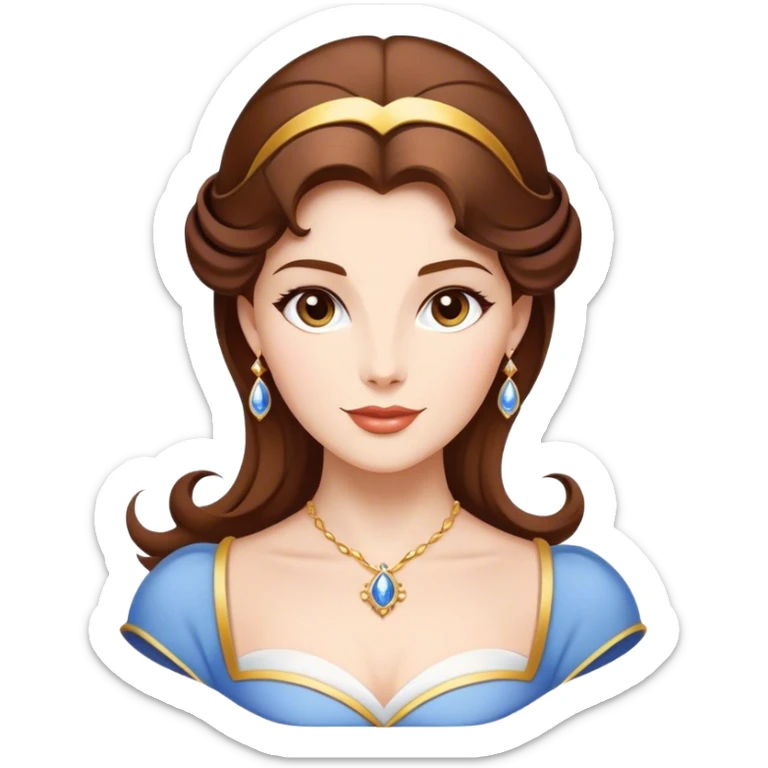 Cinematic Majestic Belle Portrait Emoji, rendered in a clean, vector-style with bold, simplified shapes. Show Belle with a serene, noble expression, fair skin and gracefully styled brown hair, her classic attire refined and understated. The design radiates a majestic, enchanting glow with high shine and a soft glowing outline, embodying royal elegance. sticker