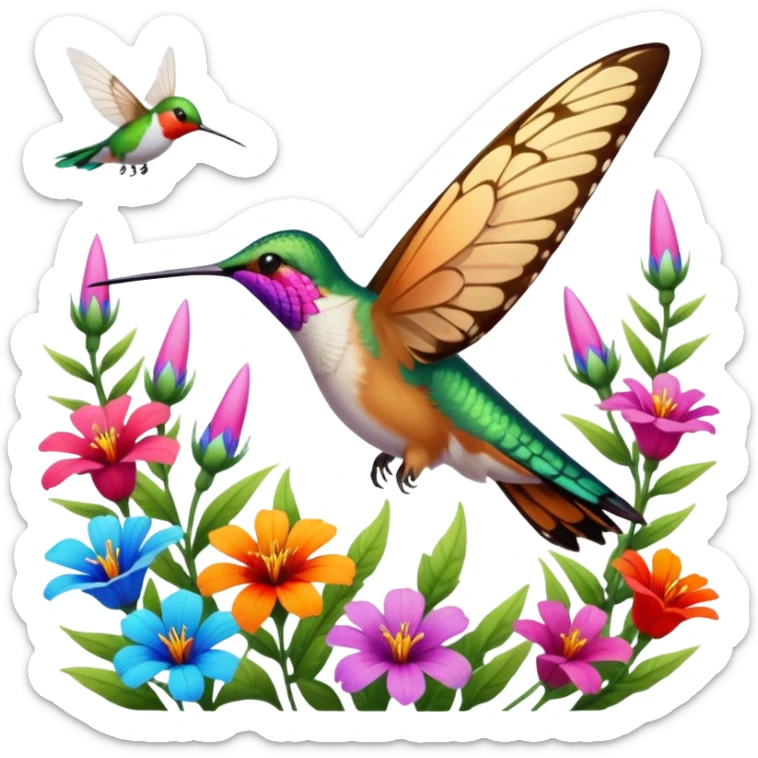 La la mañana se alegra entre flores y praderas ve avanzar mariposa bella y majestuosa entre colibrís sticker