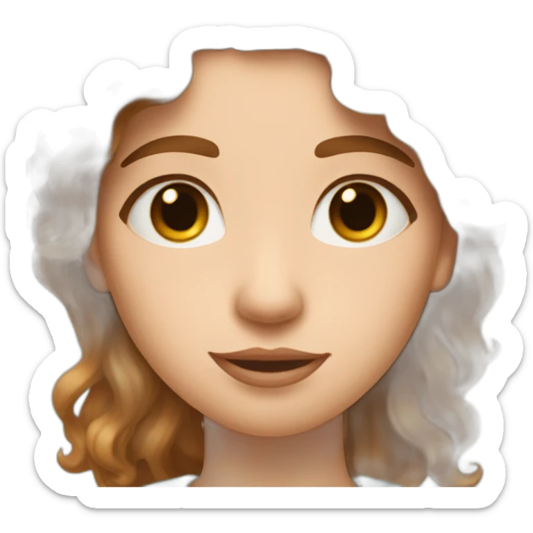 A white woman with brown wavy hair, a strand of hair covering the left eye, and making a heart symbol with her hands sticker